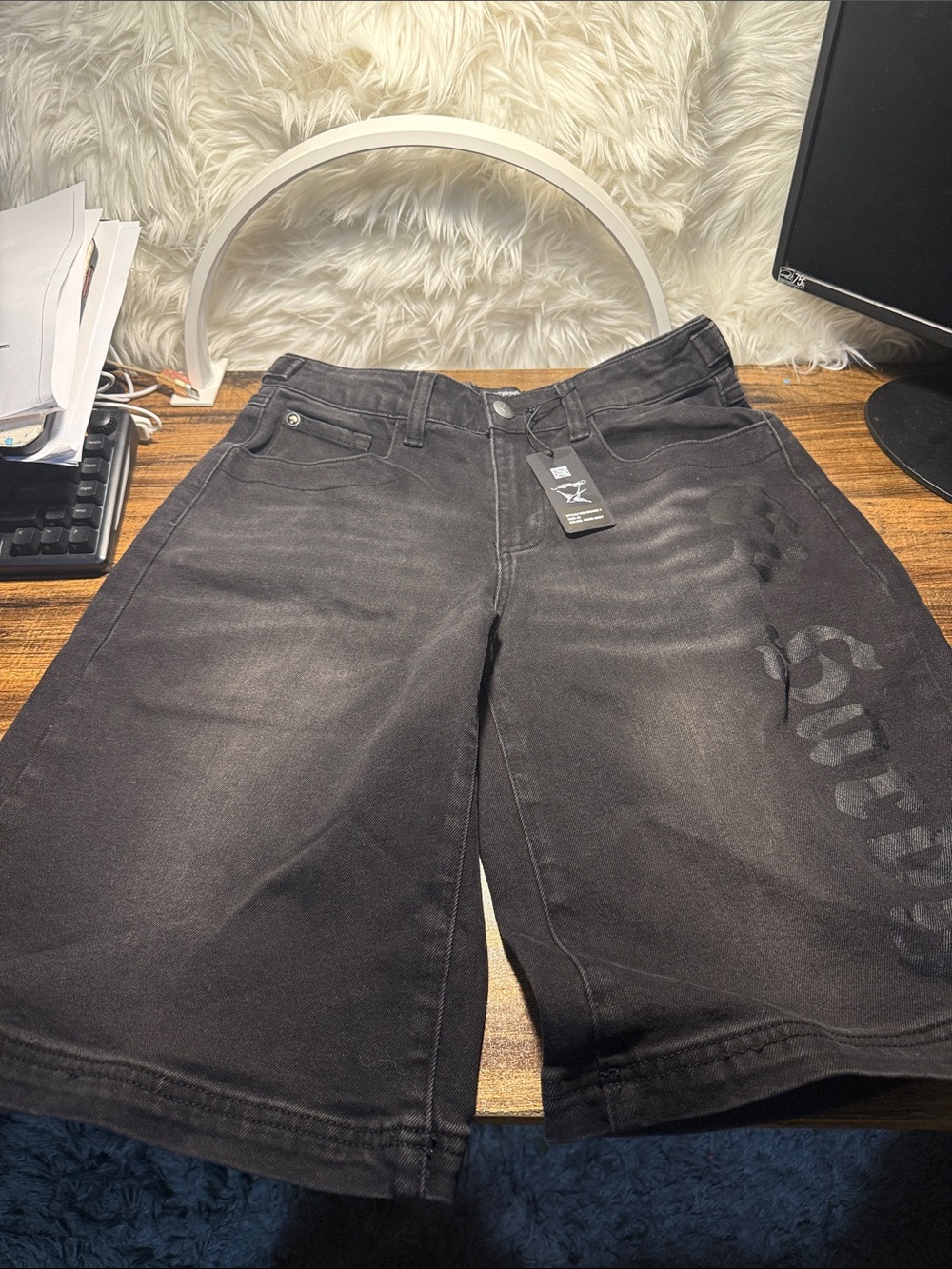 Ed Hardy Black Denim Shorts with Colorful Tattoo Pocket Art